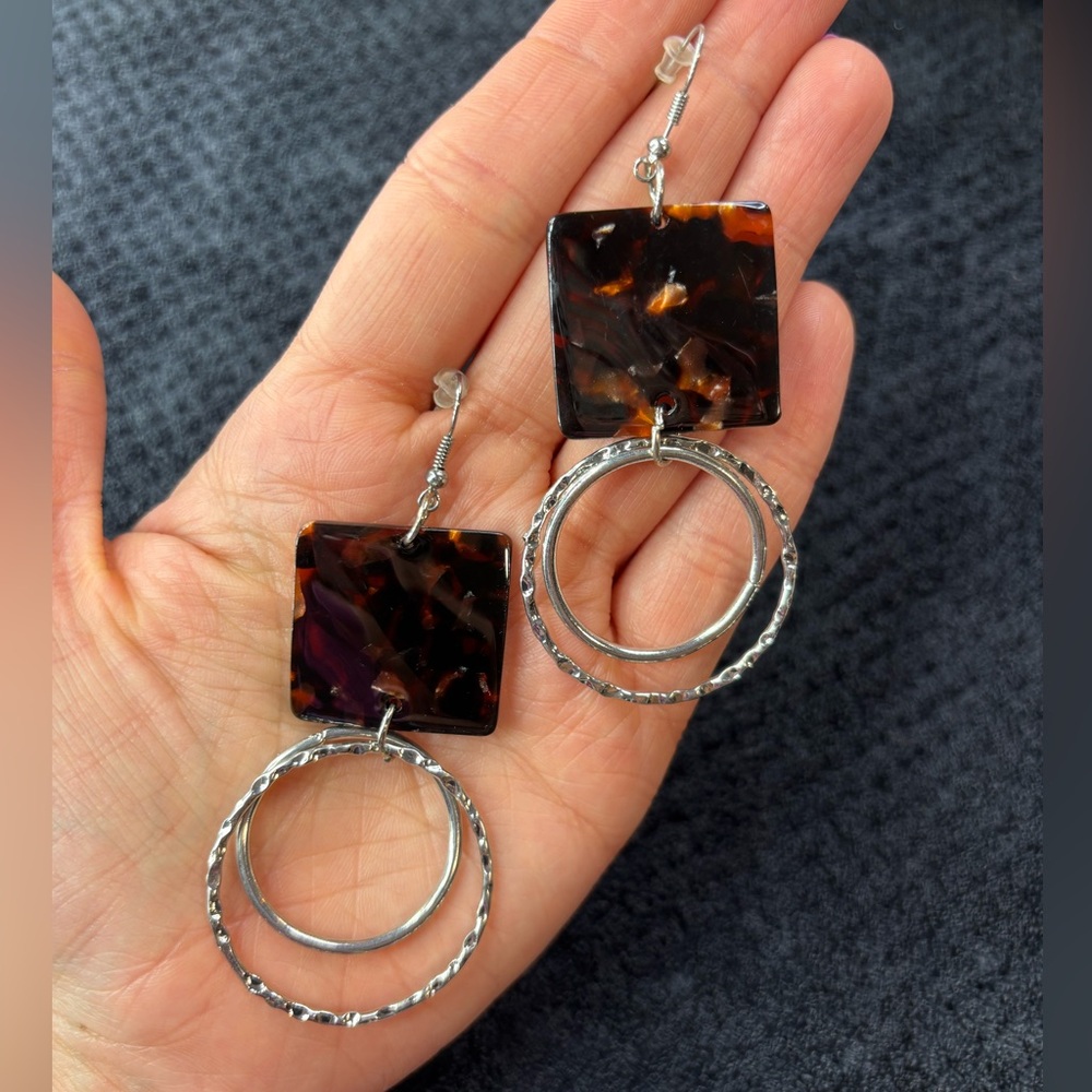Tortoiseshell Square & Silver Double Hoop Drop Earrings